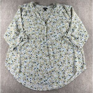 Torrid Harper Floral Blouse Women's 2X Blue Yellow 3/4 Roll Tab Sleeve Tunic Top